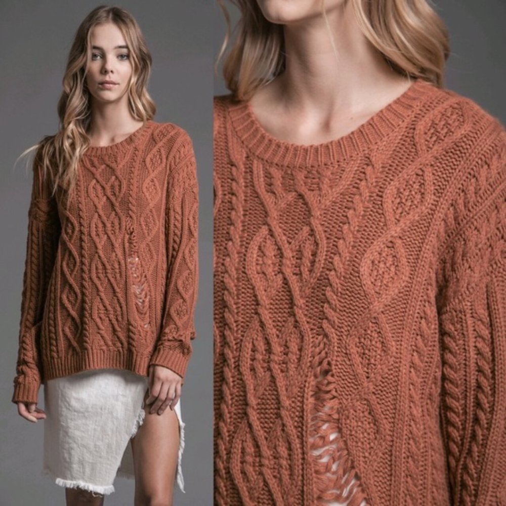 J.O.A. brown distressed cable knit sweater